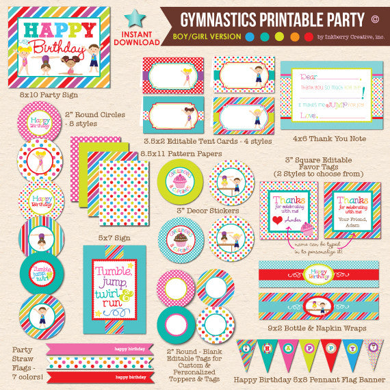 Boy / Girl Combo Gymnastics Birthday - DIY Printable Party Pack ...