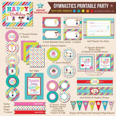 Boy / Girl Combo Gymnastics Birthday - DIY Printable Party Pack - inkberrycards