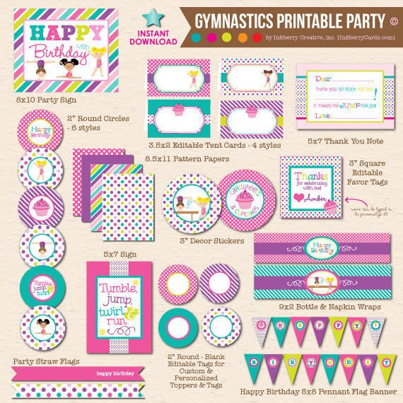 Cupcakes & Cartwheels Gymnastics Party - DIY Printable Party Pack - inkberrycards
