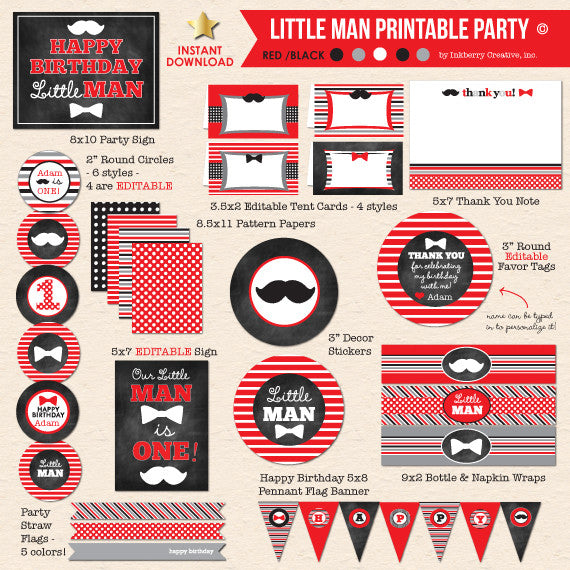Little Man Bow Ties & Mustache Birthday - DIY Printable Party Pack - inkberrycards