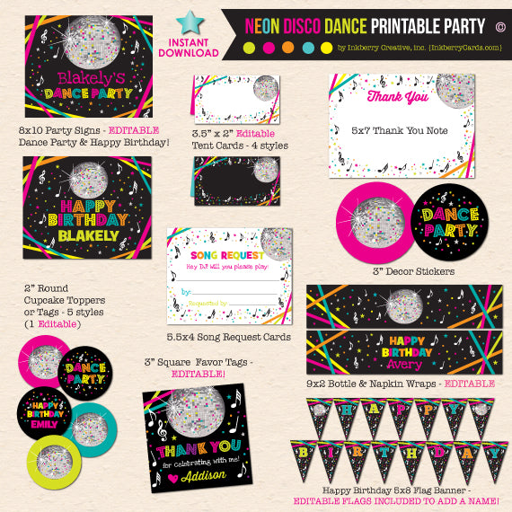 Neon Dance Birthday Party - DIY Printable Party Pack - inkberrycards