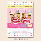 Colorful Fun Year Twin Girls First Birthday Party Invitation - Polka dot Twin 1st Birthday Photo Invitation (Digital or Printed on Cardstock)