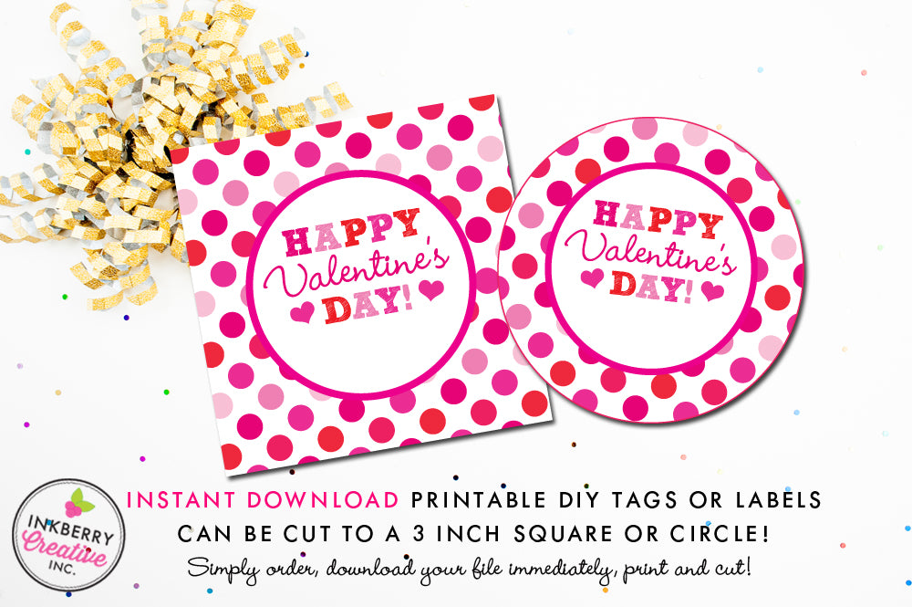 Pink and Red Polka Dots Valentine's Day Tag - Instant Download, Printable 3 inch Square Valentine Stickers or Tags