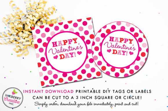 Pink and Red Polka Dots Valentine's Day Tag - Instant Download, Printable 3 inch Square Valentine Stickers or Tags