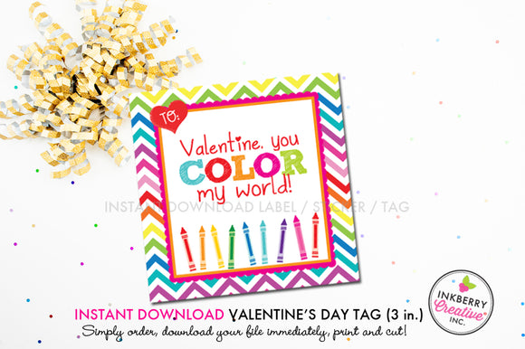 Rainbow Chevron Valentine's Day Tag - Crayons - Color My World - Instant Download, Printable 3 inch Square Valentine Stickers or Tags