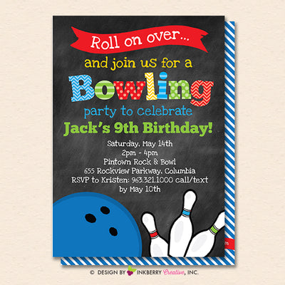 Bowling Birthday Party Invitation - Printable, Instant Download, Editable, PDF - inkberrycards