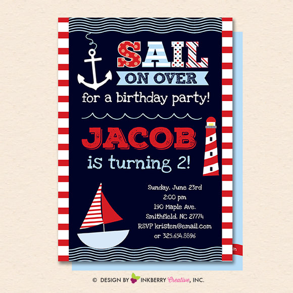 Nautical Birthday Party Invitation - Nautical, Sailing, Sailboat, Printable, Instant Download, Editable, PDF - inkberrycards