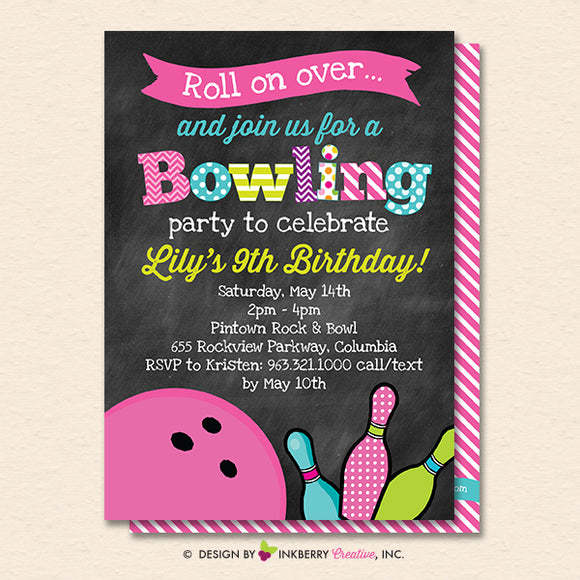 Girls Bowling Birthday Party Invitation - Printable, Instant Download, Editable, PDF - inkberrycards