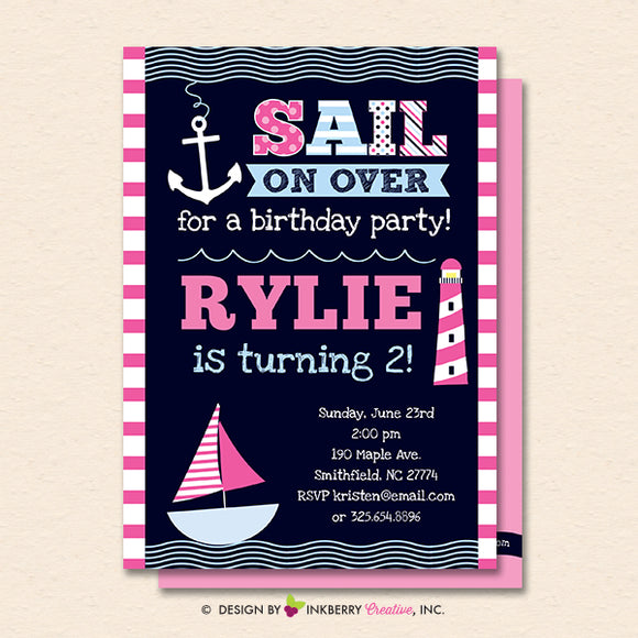 Girls Nautical Birthday Party Invitation - Girls Nautical, Sailing, Sailboat, Printable, Instant Download, Editable, PDF - inkberrycards