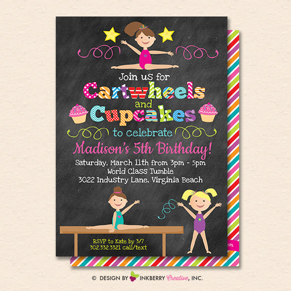 Gymnastics Party Invitation (Chalkboard) - Cartwheels and Cupcakes Gymnastics Birthday Party Invite - Printable, Instant Download, Editable, PDF - inkberrycards