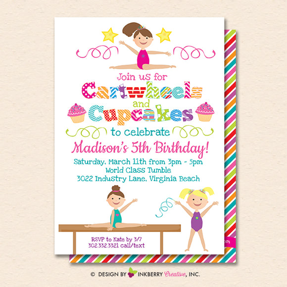Gymnastics Party Invitation (White) - Cartwheels and Cupcakes Gymnastics Birthday Party Invite - Printable, Instant Download, Editable, PDF - inkberrycards