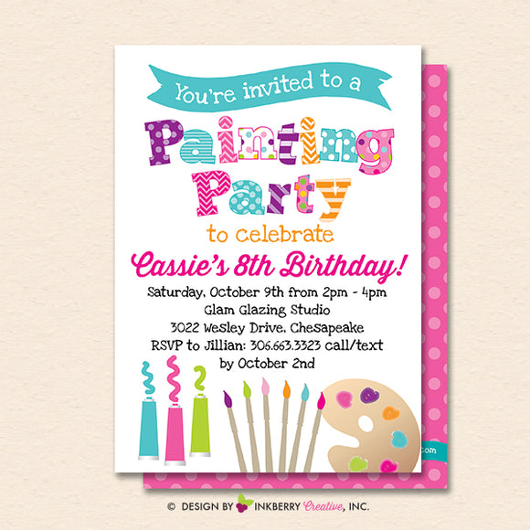 Painting Party Invitation (White) - Kids Art Painting Birthday Party Invite - Printable, Instant Download, Editable, PDF - inkberrycards