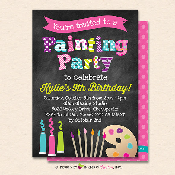 Painting Party Invitation (Chalkboard Style) - Kids Art Painting Birthday Party Invite - Printable, Instant Download, Editable, PDF - inkberrycards