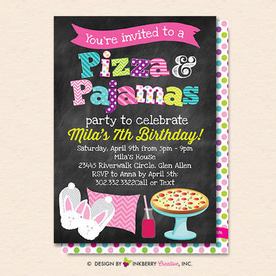 Pizza and Pajamas Party Invitation (Chalkboard Style) - Kids Pizza Pajama Birthday Party Invite - Printable, Instant Download, Editable, PDF - inkberrycards