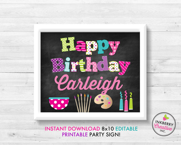 Pottery Painting Art Birthday Party Happy Birthday, 8x10, Editable, Printable PDF Party Sign