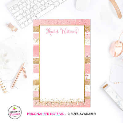 Personalized Notepad - Pink Gold Glitter Stripe