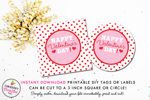 Red Polka Dots Valentine's Day Tag - Instant Download, Printable 3 inch Square Valentine Stickers or Tags