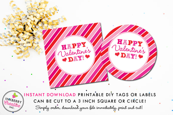 Pink and Red Striped Valentine's Day Tag - Instant Download, Printable 3 inch Square Valentine Stickers or Tags