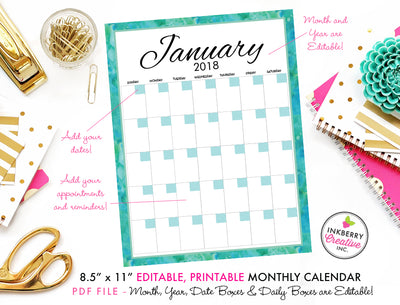 Printable Watercolor Calendar - Editable PDF File, Add Your Own Dates and Text, Aqua, Turquoise, Watercolor, Instant Download Printable Calendar - inkberrycards