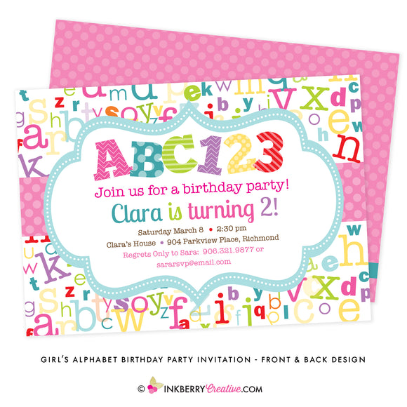 ABC123 Girl's Alphabet Birthday Party Invitation - inkberrycards