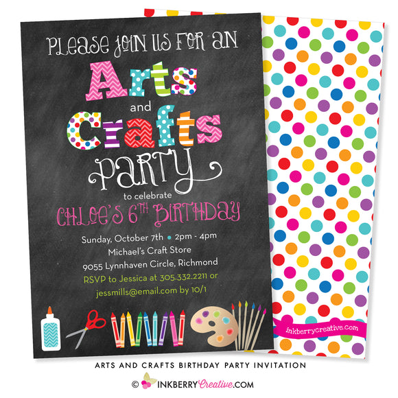 Arts and Crafts Birthday Party Invitation - Chalkboard Style - inkberrycards