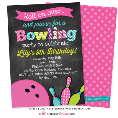 Bowling Birthday Party Invitation (Girls) - Chalkboard Style - inkberrycards
