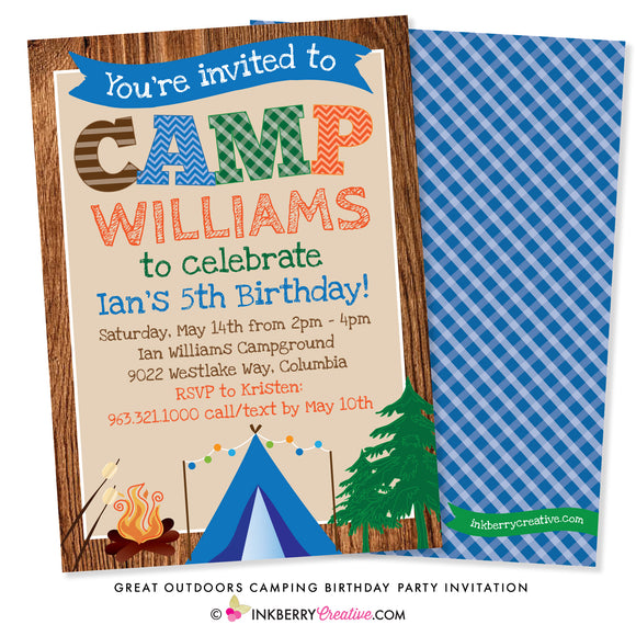 Great Outdoors Camping Birthday Party Invitation - inkberrycards