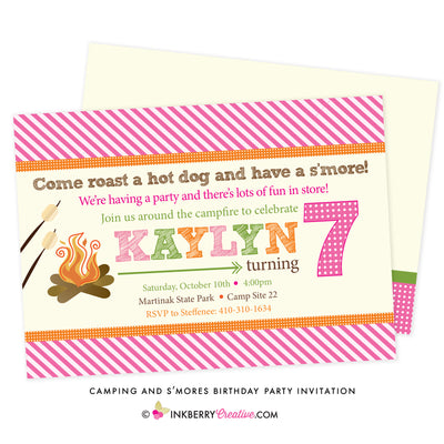 Girls' S'mores & Camping Birthday Party Invitation - inkberrycards