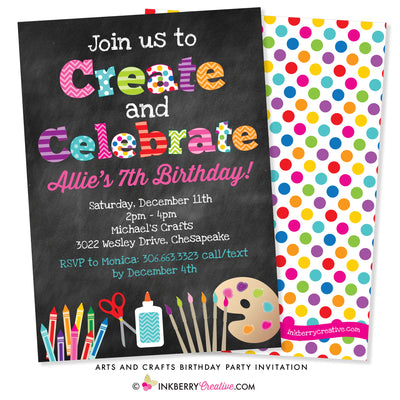 Create and Celebrate - Arts and Crafts Birthday Party Invitation - Chalkboard Style - inkberrycards