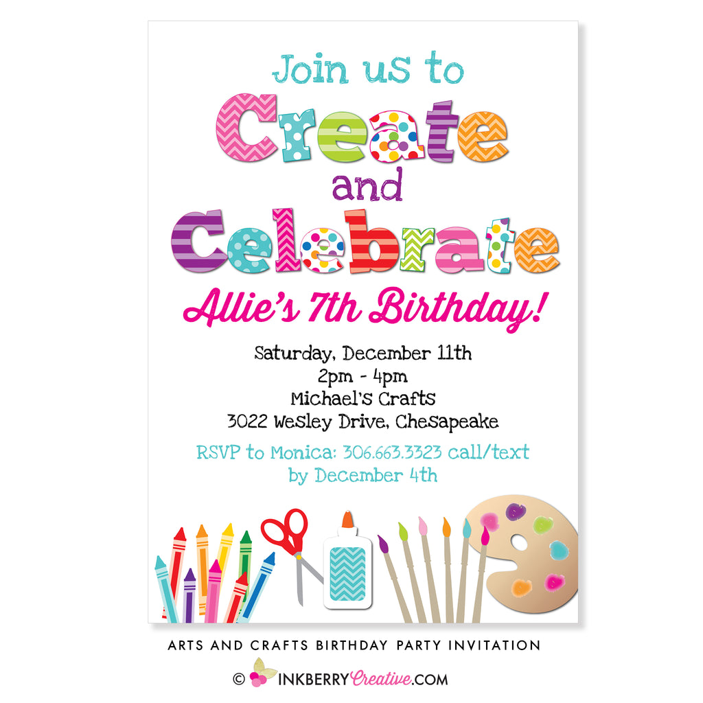Create and Celebrate - Arts and Crafts Birthday Party Invitation - inkberrycards