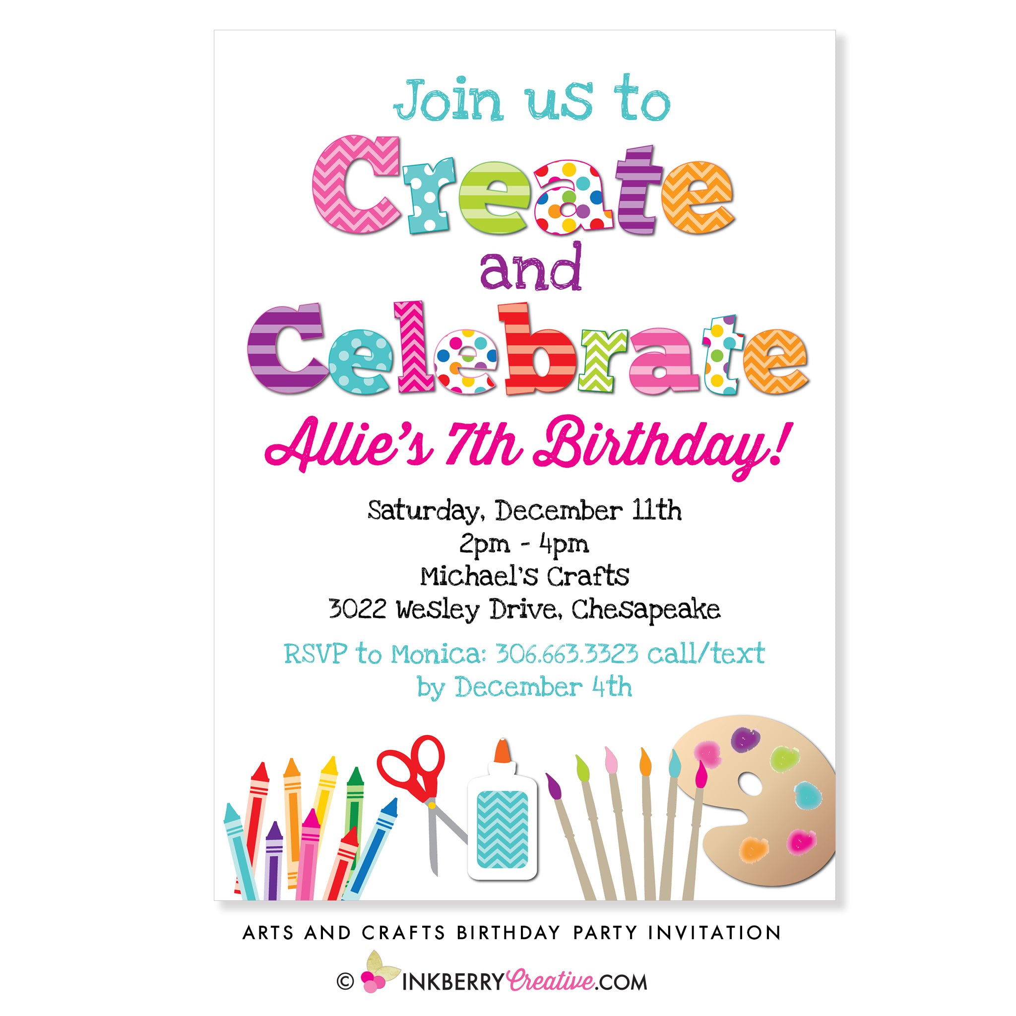 Create and Celebrate - Arts and Crafts Birthday Party Invitation - inkberrycards