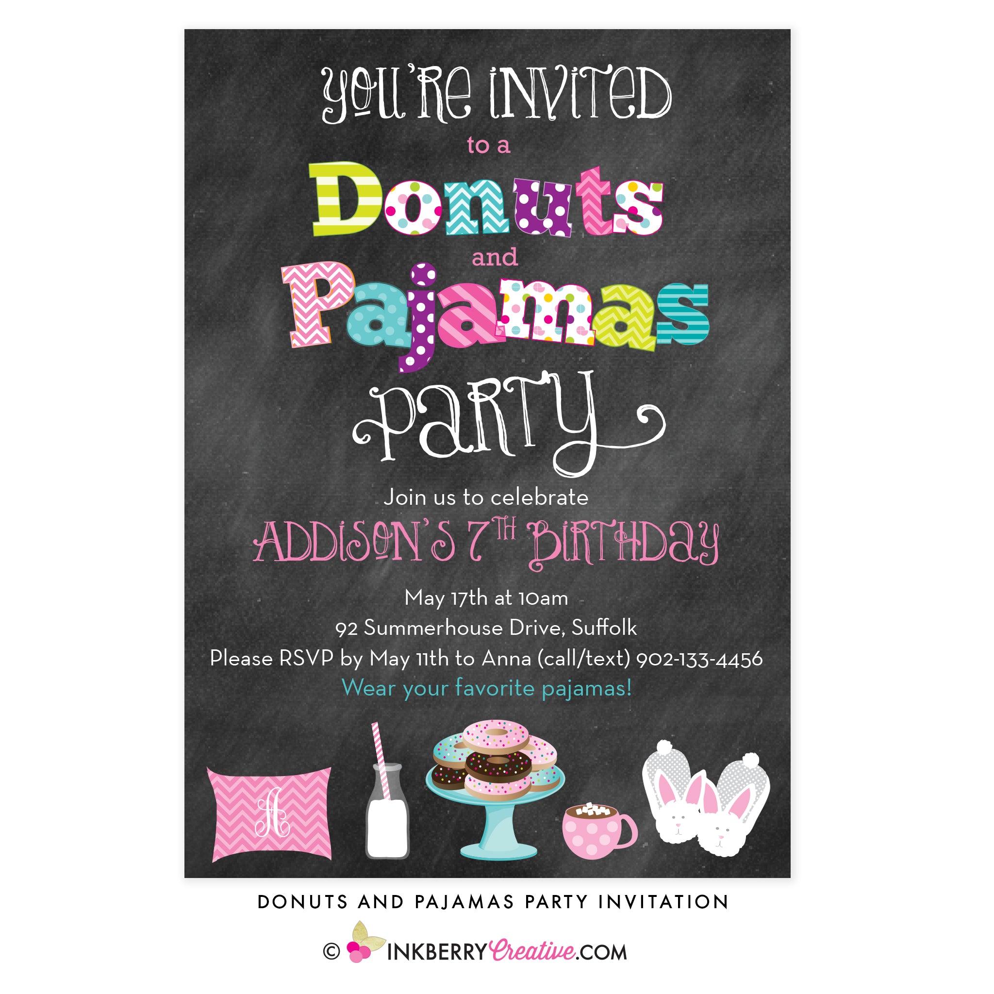 Donuts and Pajamas Party Chalkboard Style Invitation - inkberrycards