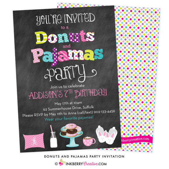 Donuts and Pajamas Party Chalkboard Style Invitation - inkberrycards