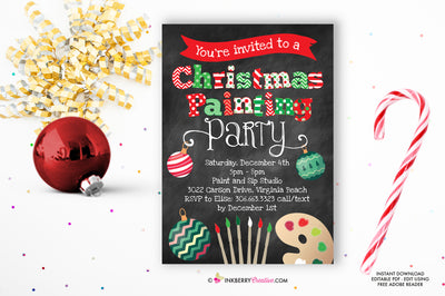 Christmas Painting Party Invitation, Christmas Party Invite, Chalkboard, Ornaments Holiday Party, Printable, Instant Download, Editable, PDF