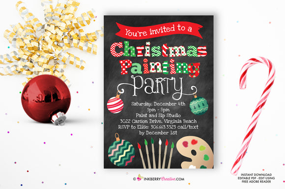 Christmas Painting Party Invitation, Christmas Party Invite, Chalkboard, Ornaments Holiday Party, Printable, Instant Download, Editable, PDF