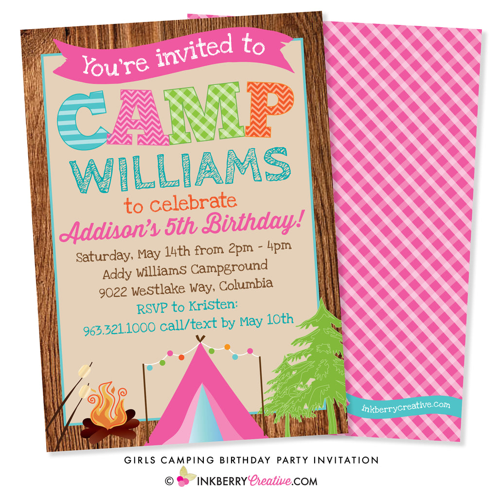 Girls Camping Birthday Party Invitation - inkberrycards