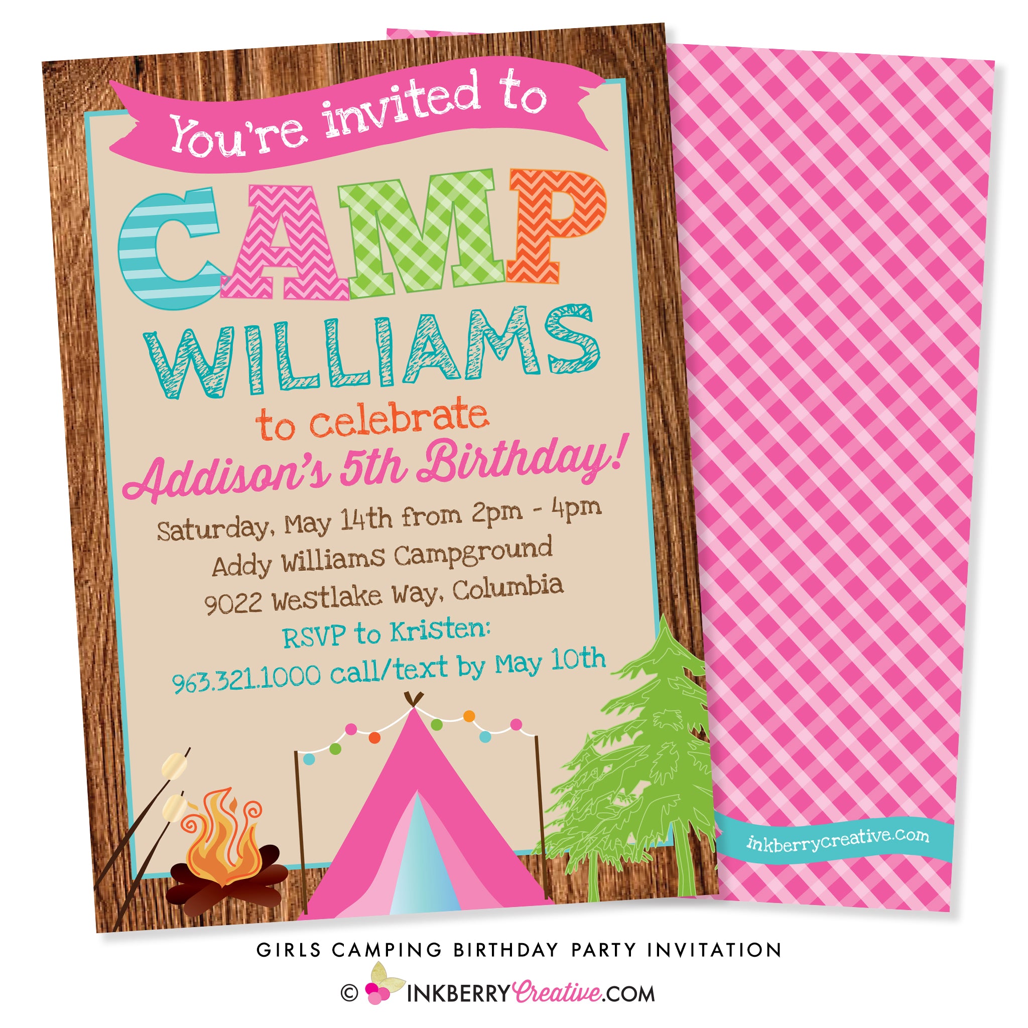 Girls Camping Birthday Party Invitation - inkberrycards