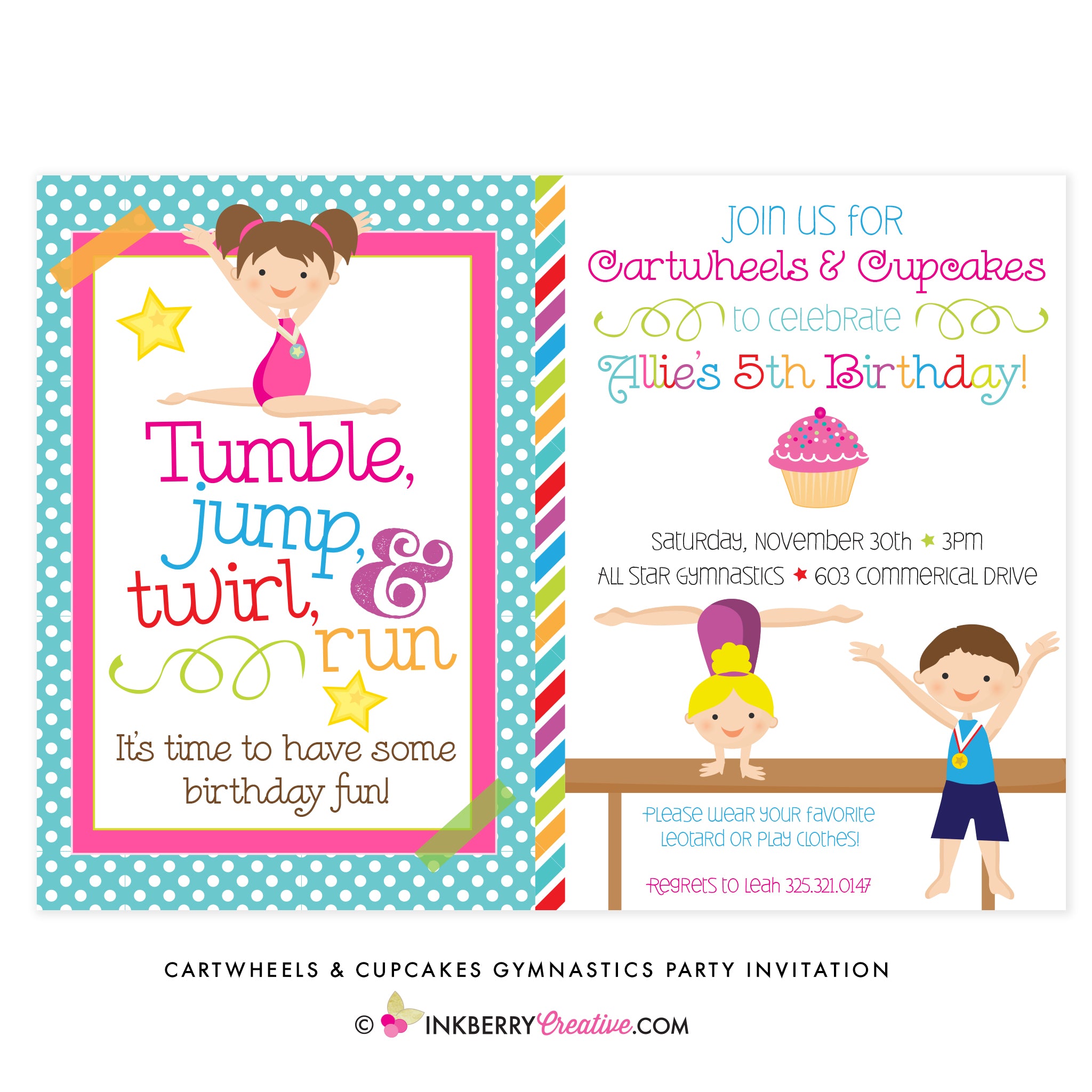 Cartwheels and Cupcakes (Boy & Girl) Gymnastics Party Invitation - inkberrycards