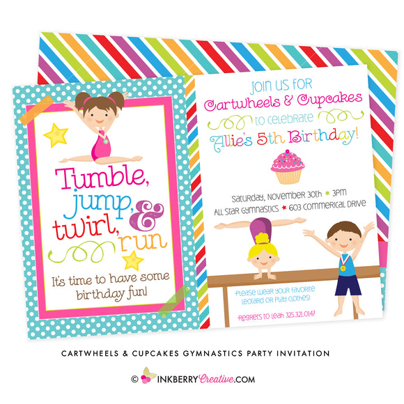 Cartwheels and Cupcakes (Boy & Girl) Gymnastics Party Invitation - inkberrycards