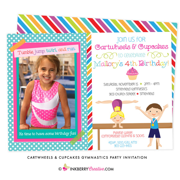 Cartwheels and Cupcakes Boy Girl Gymnastics Party Invitation (Photo Version) - inkberrycards