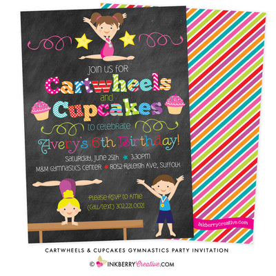 Cartwheels and Cupcakes Chalkboard Style (Boy & Girl) Gymnastics Party Invitation - inkberrycards