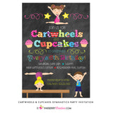 Cartwheels and Cupcakes Chalkboard Style (Boy & Girl) Gymnastics Party Invitation - inkberrycards