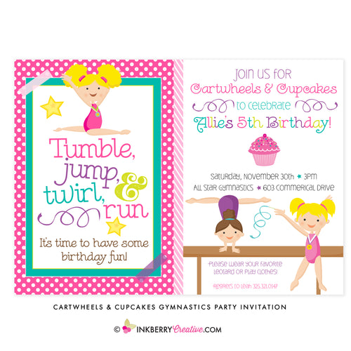 Cartwheels and Cupcakes Girl's Gymnastics Party Invitation - inkberrycards