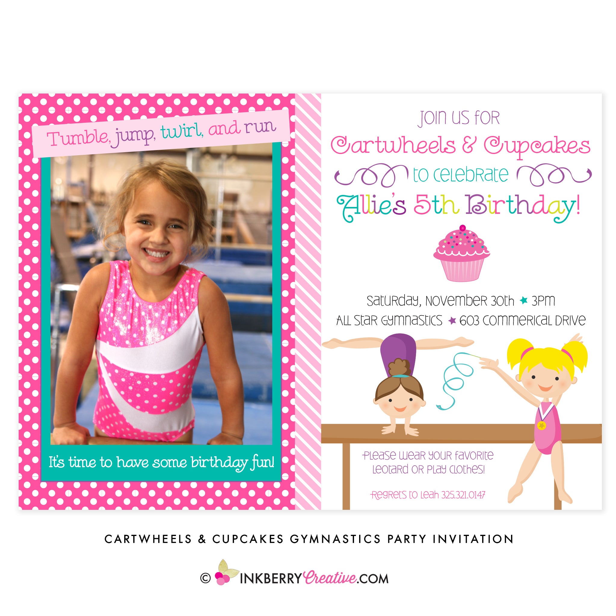 Cartwheels and Cupcakes Girl's Gymnastics Party Invitation (Photo Version) - inkberrycards