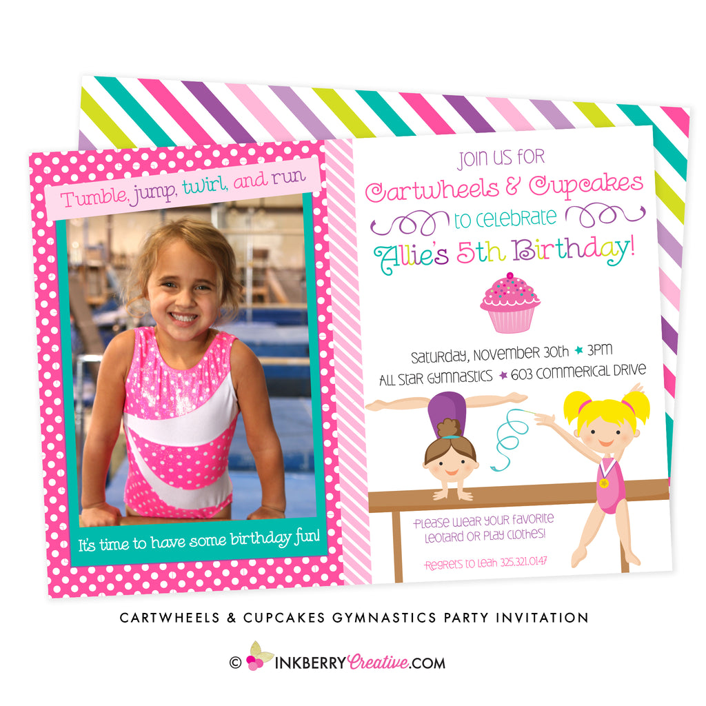 Cartwheels and Cupcakes Girl's Gymnastics Party Invitation (Photo Version) - inkberrycards