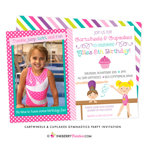 Cartwheels and Cupcakes Girl's Gymnastics Party Invitation (Photo Version) - inkberrycards