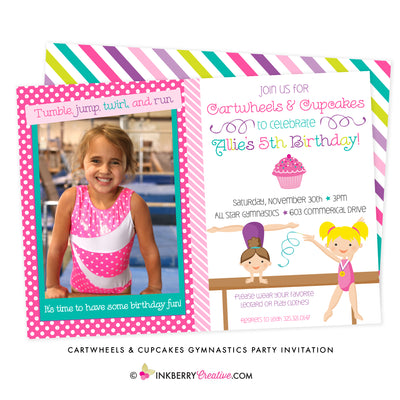Cartwheels and Cupcakes Girl's Gymnastics Party Invitation (Photo Version) - inkberrycards