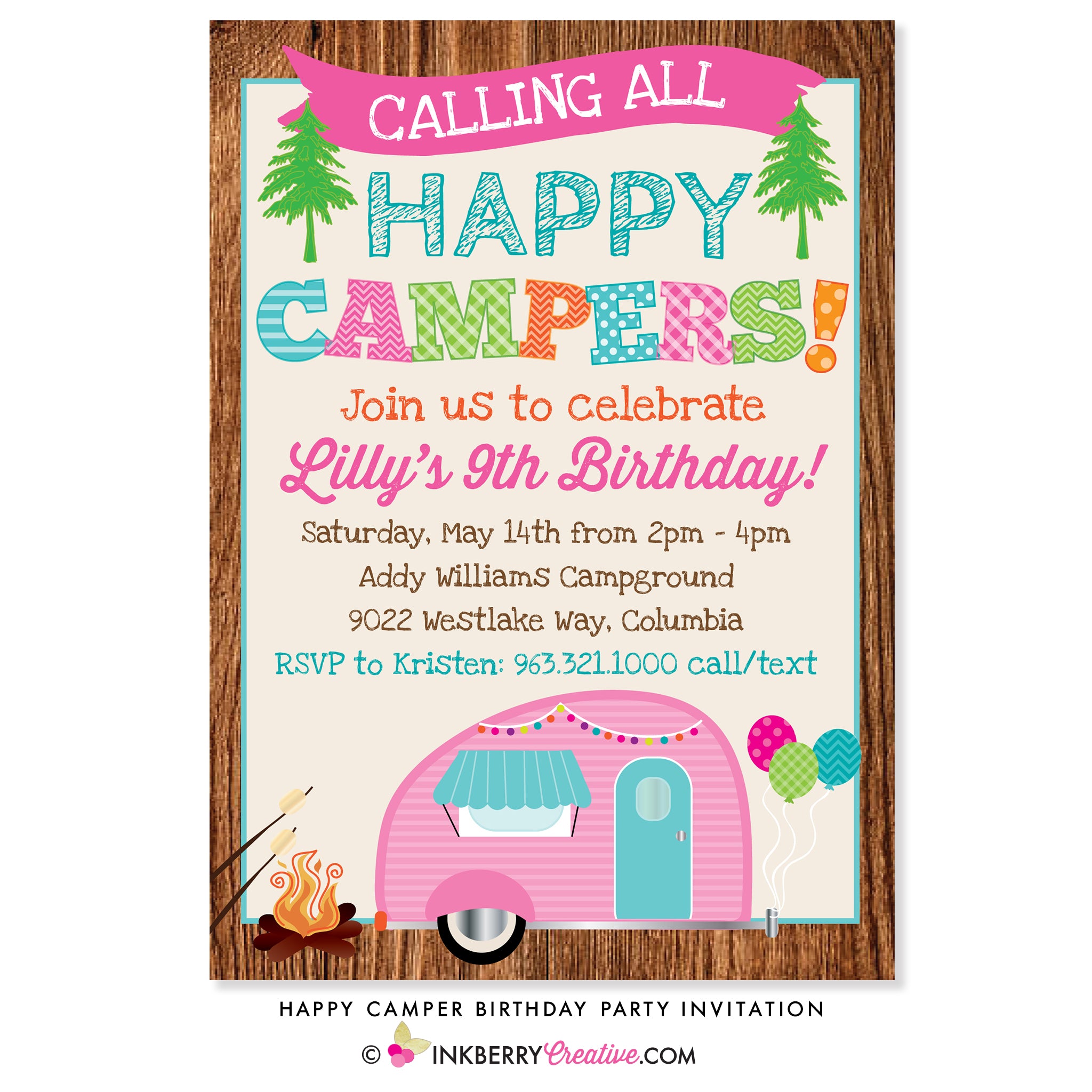Happy Camper Girls Camping Birthday Party Invitation – Inkberry Creative, image size:2048x2048