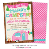 Happy Camper Girls Camping Birthday Party Invitation - inkberrycards