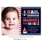 Sail Away Nautical Birthday Party Invitation - Navy & Red (Photo) - inkberrycards